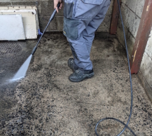 Powerwashing at Edinburgh communal bins after removing rubbish and rats.