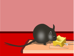 cartoon of mouse eating cheese at mouse trap